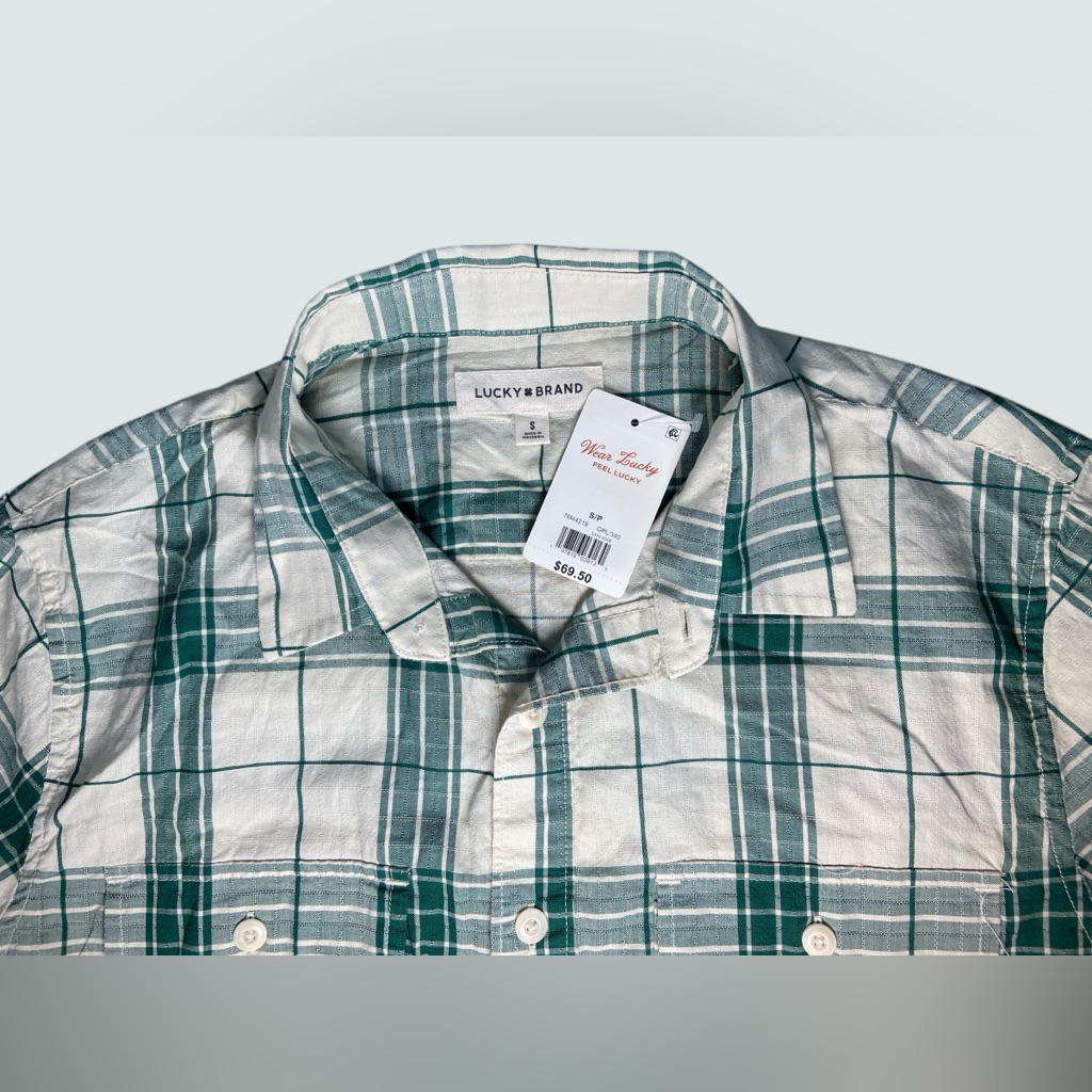 Lucky Brand Men’s Plaid Button-Up Green & White Short Sleeve Shirt Small Nwt